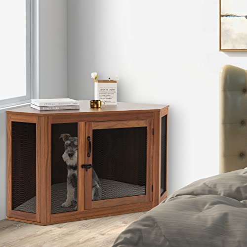 COSTWAY Hundehütte Eck, Hundebox mit Tür & Kissen, Haustierkiste Möbelstil für kleine Hunde Katze Haustier, Tierkäfig Hundekäfig Hundehaus Haustierhaus Zuhause Innen, Braun, 114 x 60 x 68 cm