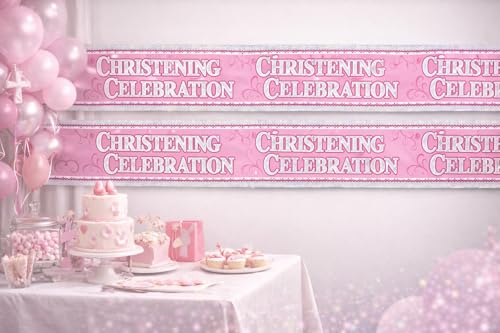 Girls Christening Party Banner Extra Wide Giant Pink Foil Garland | Religious Church Decoration | Eco Friendly Recyclable | Holographic Sparkly Party Décor (2.7m x 19cm)