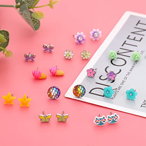 Image of NEWITIN 100 Pairs Colorful Cute Earrings for Girls Sensitive Ears Hypoallergenic Girl Stud Earrings Set Stainless Steel Cartoon Stud for Girls and Women