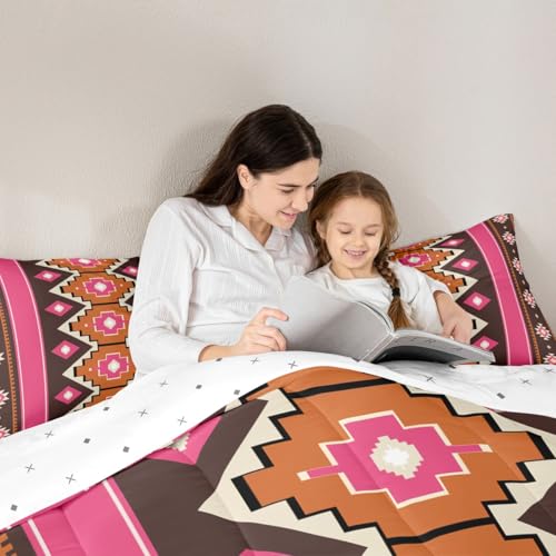 Image of Feelyou Boho Aztec Comforter Set King Size West Bedding Set for Kids Boys Girls Pink Brown Duvet Quilt Western Bedroom Decor Microfiber 3 Pcs with 2 Pillow Cases
