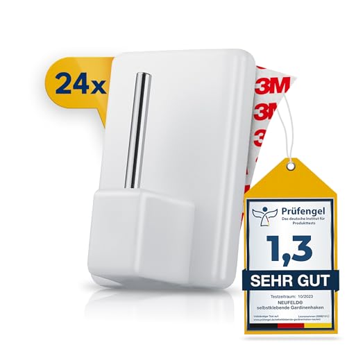 NEUFELD® 24 Gardinenhaken selbstklebend weiß [inkl. 3M Klebefläche] -...