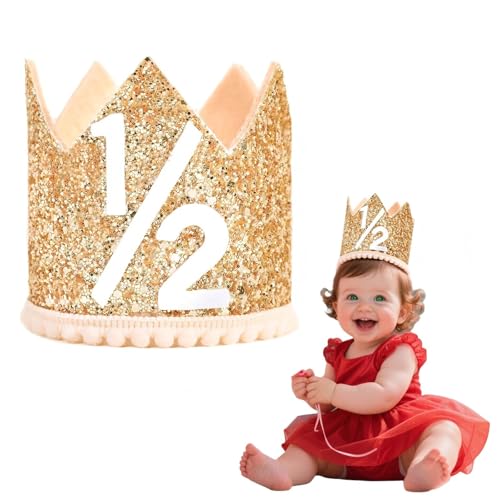 Glitter Gold Baby Girls 1/2 Birthday Party Hat, Princess Girls Half Birthday Crown, Adjustable Half Birthday Hat Baby Crown for Baby Girls 6 Monthes Birthday Party Decors