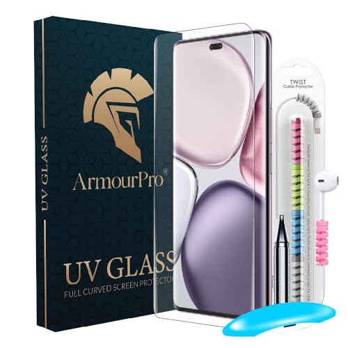 Image of ArmourPro UV Glue Tempered Glass for Honor X9c Curved Screen Protector, 9H Anti Scratch, Edge-to-Edge Coverage, HD Clarity, Easy UV Kit with Cable Protector