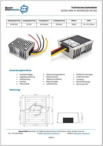 Bauer Electronics | DC-DC 8V-40V zu 12V Spannungs-wandler 10A 120W | Spannungs-regler 18-V 12-V 12-V Converter Spannungs-stabilisator Spannungs-begrenzer 24-V Step-down Step-up Buck Boost Volt
