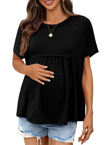Tankaneo Womens Maternity Tops Summer Batwing Short Sleeve Casual T Shirts Oversized Pleated Pregnancy Clothes Black