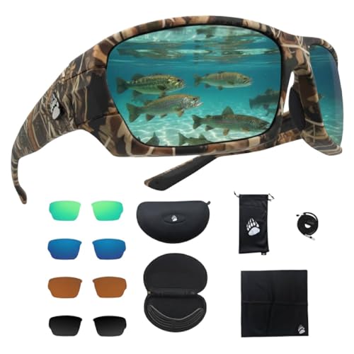 Fishing Glasses Pro Kit - Polarized Sunglasses With 4 Lenses for Clear Visibility in Offshore & Shallow Water -Sunglasses With TR-90 Frame for Ultimate Fishing Performance - Camo