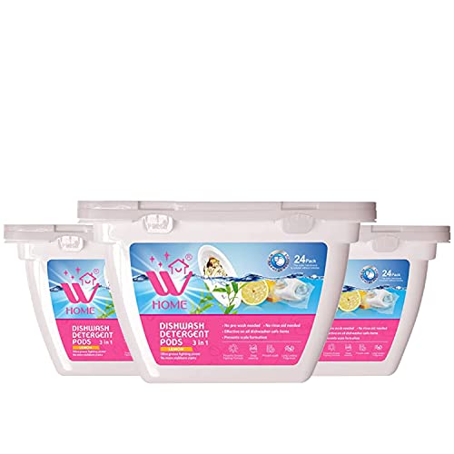 Image of W Home 3-in-1 Dishwasher Pods for a Spotless Clean - 72 Count Total, 24 Pods /Each Enzyme-Powered Free & Clear Detergent for Residue-Free Dishes - Pack of 3
