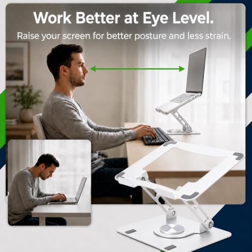 Image of Uncaged Ergonomics Swivel Laptop Stand for Desk, Adjustable Computer iPad Stand for Desk w / 360 Rotation, Portable Laptop Holder for Home Office Ergonomic Supplies (Pearl White)