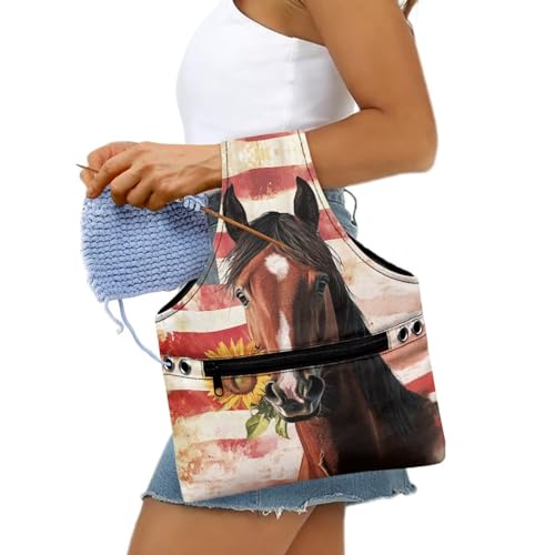 Image of ZUXONGSY American Flag Knitting Bag Organizer for America250 Horse Knitting Crochet Tote Bag July 4th 2026 Lightweight Sunflower Yarn Tote Handbags for Crocheting