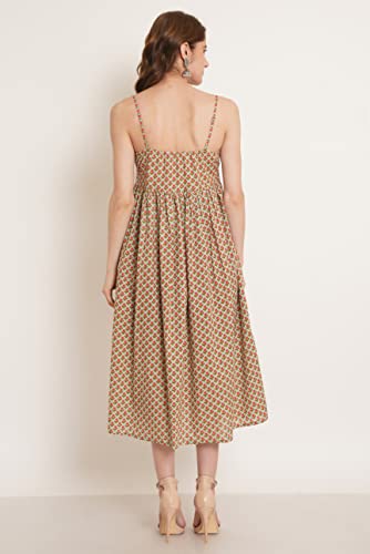 Image of COTLAND Fashions Jaipuri Cotton Printed Flared Strappy A-Line Dress for Women (Ocean Orchid)