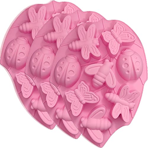 3 piezas Silicona Moldes de Chocolate, ANIN 24-cavidades Insecto 3D Molde de Muffin Cocina Pastelería Bandeja para Hornear para Bomba de Grasa Pastel Caramelo Magdalena Jabón Vela - Azul, Rojo, Rosa Cover