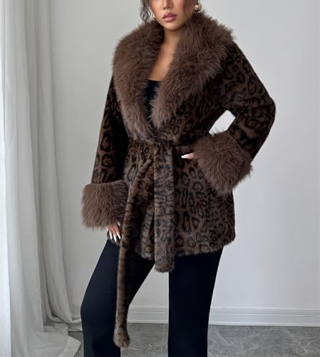 Women's Leopard Print Fluffy Faux Fur Coat Winter Shaggy Open Front Casual Oversized Lapel Jacket Warm Outerwear4