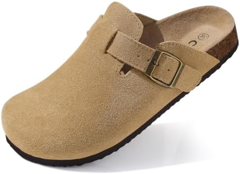 Comwarm Wildleder Damen Clogs Kork Fußbett Pantoletten | Rutschfest Komfort Leder Pantoletten Arch Support Slides mit Verstellbare Schnalle für Frauen Herren