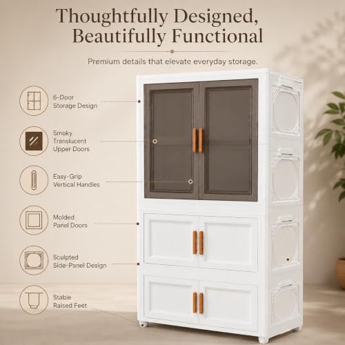 Image of KRISHYAM 3-Tier Plastic Storage Cabinet with 1 Doors Smoky Translucent Upper Doors, Multipurpose Clothes Organizer for Bedroom, Kids Room & Home, 127 x 69 x 35 cm, White Grey