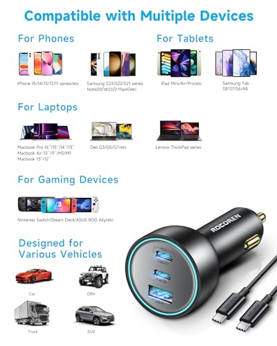 Image of 165W Car Charger for Laptops, PD3.1 140W /PD3.0 100W USB C Car Charger,Super Fast Charging Cigarette Lighter USB Charger Adapter with 240W Cable for MacBook Pro,iPhone 17 /16 /15,Samsung S25,iPad