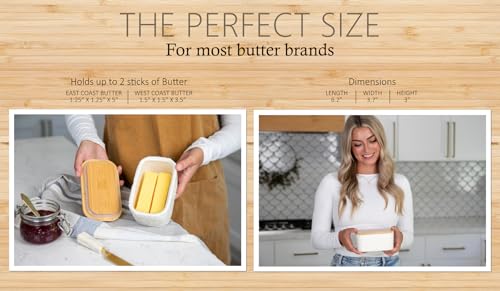Airtight Bamboo Lid Butter Keeper - Ceramic White Butter Dish - Nature-Inspired Engraving - 6.2\" x 3.7\" x 3\" - Thumbnail 5