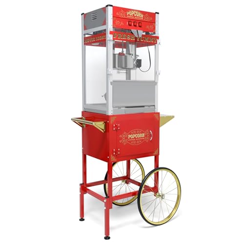 Image of 20 Oz Popcorn Machine with Cart: This popcorn machine on wheels combines an antique-style design with modern features. The cart includes bicycle-style wheels and a cabinet -Red
