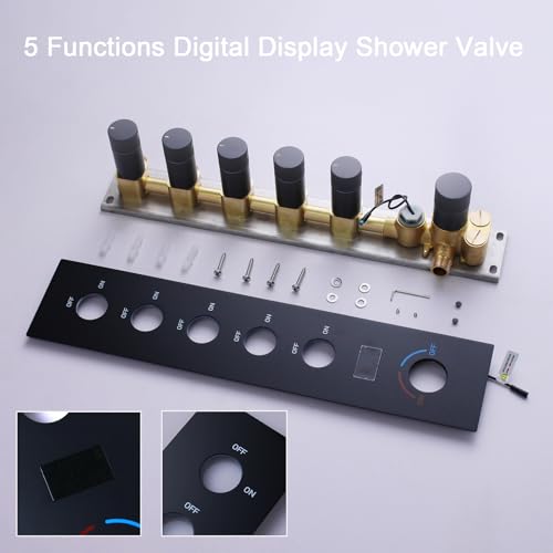 KATAIS Matte Black Shower System 5 Way Digital Dissplay Shower Faucet Set with 16X26 inch Ceiling Shower(Rain&Water Column&Mist 3 Modes), with Handheld Spray and 6 PCS Body Jet