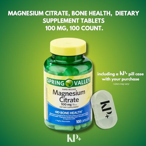 Spring Valley, Magnesium Citrate 100mg, 100 Count Rapid-Release Capsules, Magnesium Citrate, Bone Health Dietary Supplement Bundle with Pill case, (Pack of 1)