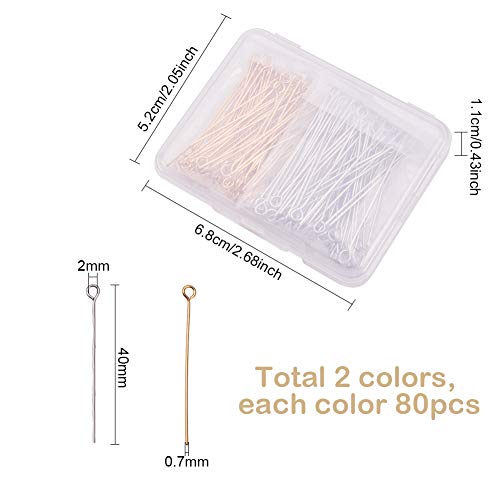 Ph Pandahall 160 Pcs 40Mm(1.57 Inch) 304 Stainless Steel Head Pins Findings 21 Gauge(0.7Mm) Open Eye Pin For Earring Pendant Bracelet Necklace Jewelry Diy Craft Making, Golden/Silver #TOP1