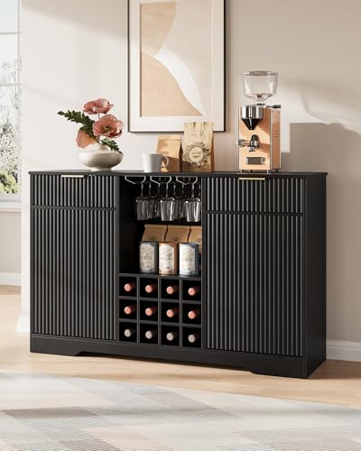 Curlaky 55\" Fluted Wine Bar Cabinet - Coffee Bar Cabinets for Home with Storage, 2 Door & 2 Drawer Buffet Sideboard with Liquor Rack and Glass Holder, Alcohol Indoor Bars for Living Room, Kitchen