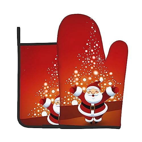 Christmas Santa Claus Oven Mitts And Pot Holders Set Heat Resistant Oven Glove And Potholder Kitchen Microwave Gloves For Baking Bbq Grilling Cooking Oven Mitts #TOP1