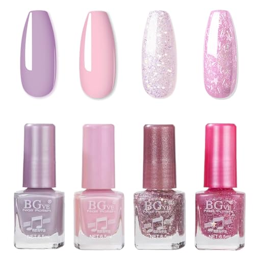 Image of Nail Polish Set - Pink Glitter Nail Varnish Sets - Quick Dry & Long Lasting Pink Nail Polish - Oil-Based Formula Nail Polish Gift Set - No Need Cure Nail Paint for DIY Nail Art