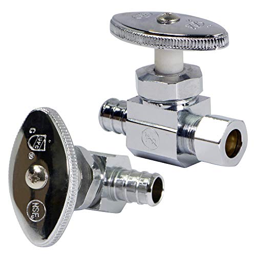 Image of Midline Valve 72512QS-OM-5 Water Supply Stop Valve with Multi-Turn Wheel; Straight Shut-off for Toilet, Sink, Dishwasher, Heater; 1 /2'' PEX B x 3 /8'' Compression; Chrome Plated Brass (5 PK)