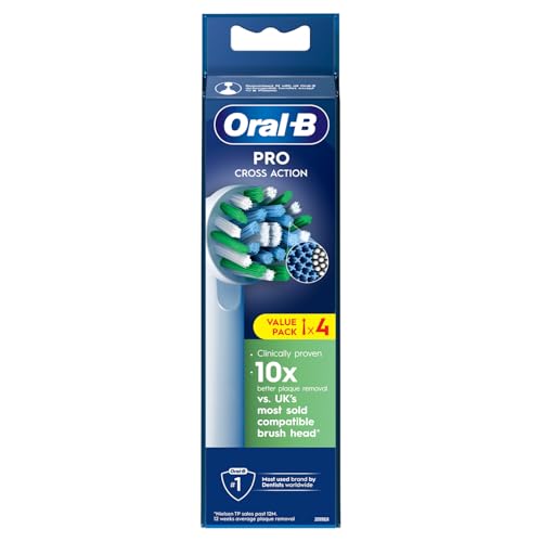 Oral-B Pro Cross Action Lot de 4 têtes de brosse à dents électrique en forme de X et poils coudés pour enlever la plaque dentaire en profondeur, blanc