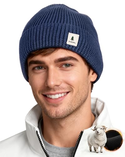 GoSkala Merinowolle Mütze Mit Fleece für Herren & Damen, Warme & Weich Wintermütze, Elastisch & Bequeme Strickmützen, Klassisch Fisherman Beanie Wollmütze, Winddicht, Einheitsgröße, Blau