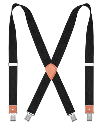 CEAJOO Mens Suspenders 1.4 Inch X-Back Adjustable Elastic Braces with Strong Clips and Straps Black Plaid 43