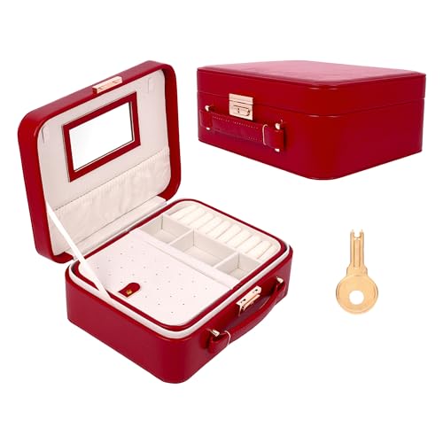 Image of BucketList PU Leather Jewellery Organizer Box with Mirror & Necklace Hooks | Large Multi-Compartment Jewelry Storage Case with Removable Tray & Mini Travel Box (Luxury Jewelry Box with Mirror (Red))