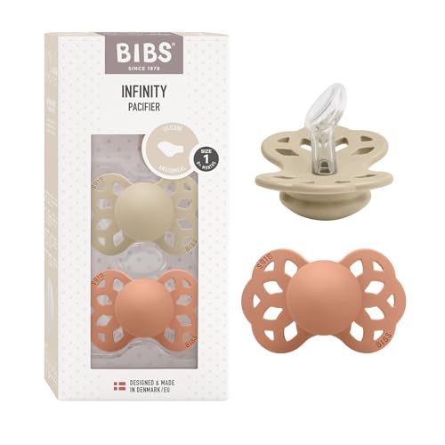 BIBS Infinity Anatomical Soother 2-Pack, BPA Free, Orthodontic Silicone Nipple, Orthodontic Nipple. Silicone, Made in Denmark, 0-6 Months (Pack of 2), Vanilla/Peach