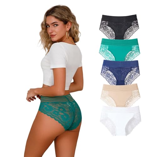 Hialegion Ropa Interior Grande para Mujer con Patchwork de Encaje, Bragas con Encaje Floral,Mujeres Slips Elásticas,Bonitas e Invisibles 5PCS 1XL