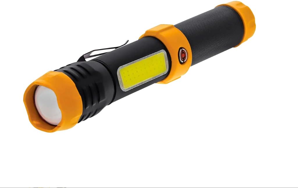 FarPoint Versa Smart Task Light showing its cylindrical body, yellow accents, and side work light.