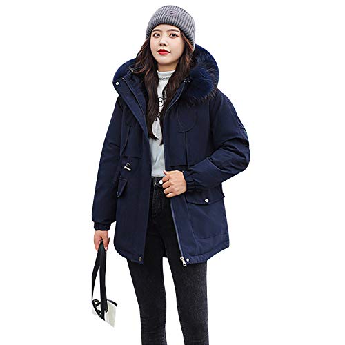 ANUFER Mujeres Espesado Chaqueta Parka Cálido Invierno Abrigos con Amovible Capucha de Piel Sintética SN07858 Azul Marino 2XL