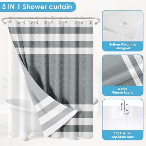 Nesphy Shower Curtain and Liner, Grey Striped 3 in 1 Shower Curtain and PEVA Liner Set with 12 Rust-Resistant Metal Hooks, Waterproof Fabric Shower Curtains for Bathroom, 72 W x 72 H by Nesphy - Used condition - Image 5