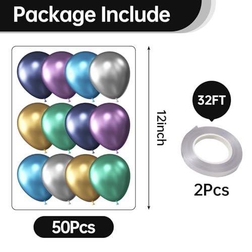 Image of KALOR 12 Inch Metallic Multicolor Balloons, 50 Pcs Latex Helium Metallic Balloons for Kid's Birthday Party, Baby Shower, Wedding, Graduate Party Decorations