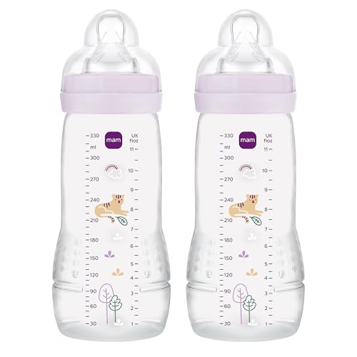 MAM Pack 2 Biberones, a partir de 4 Meses, 330ml, con Tetina 3 de Flujo Rápido de Silicona de Fácil Aceptación, Fácil de Sostener, Fácil de Limpiar, MAM Easy Active, Purple, Pack de 2uds