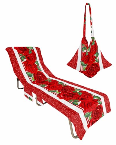 Red Floral Valentines Beach Lounge Chair Towel Cover, Soft Chaise Lounge Towel with Side Pockets Patio Pool Chairs Cover for Beach/Pool Sunbathing 29x85 Spring Flowers Botanical