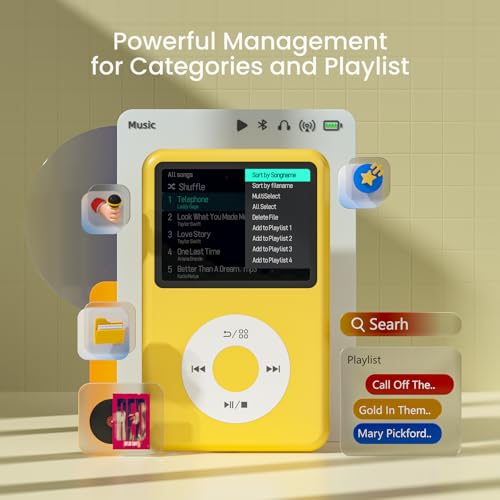 Image of Innioasis 128GB Mp3 Music Player Pocket with Bluetooth, 2.4 inch Screen Video Playback Mini Mp3 HiFi Music Player with SD Card for Home 2025 Yellow