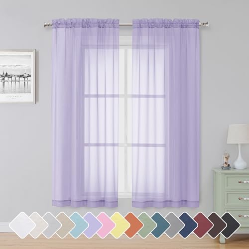 Image of Simplebrand Lavender Sheer Curtains 63 Inch Length 2 Panels, Rod Pocket Solid Color Window Sheer Curtain Panels, Elegant Curtains & Drapes for Living Room, Bedroom 2 Panels (42 inch W x 63 inch L)