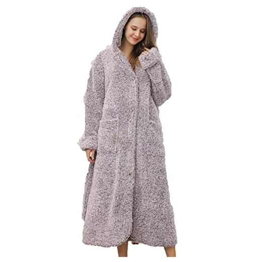 GAOHONGMEI Dam flanell badrock tjocka nattkläder man damer badrockar mjuk plysch varm par knapp bälte lång pyjamas nattlinne lila-XL