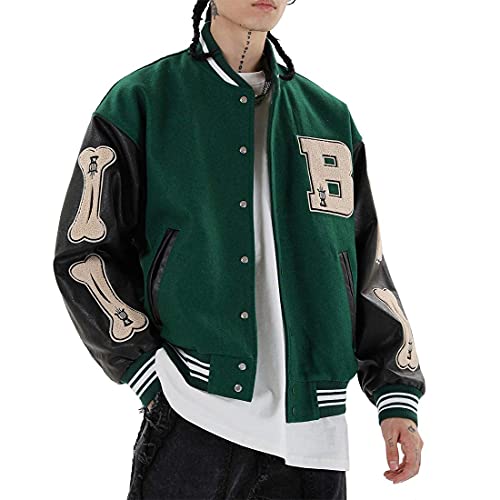 Vamtac Mens Varsity Baseball Jacket Bomber Coats Cotton Fur Jackets Streetwear with Pocket Green