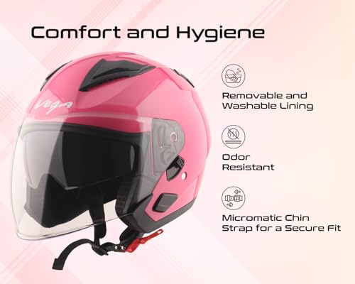 Image of Vega VO 03 Swift Dual Visor Open Face Motorcycle Helmet with Lightweight Shock-Absorbing Shell, Comfortable Interior, Ventilated Fit, Trendy Pink Styling Pink L