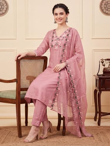 Image of INDO ERA Women's Cotton Blend Solid Straight Kurta Palazzo With Dupatta Set