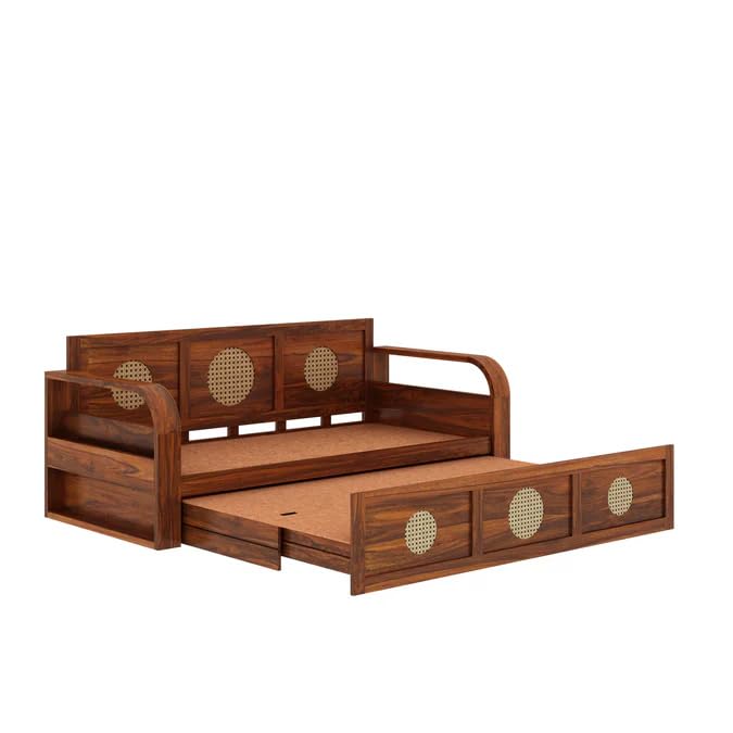 Image of Ganpati Arts Solid Sheesham Wood Cosmos 3 Seater Sofa Cum Bed with Headboard Design for Living Room Wooden Furniture Sofa Bed for Home - Natural Finish 3 Year Warranty