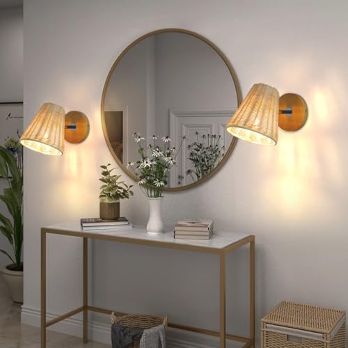 Lampe de Chevet en Rotin pour Chambre à Coucher Applique Murale Rustique E27
