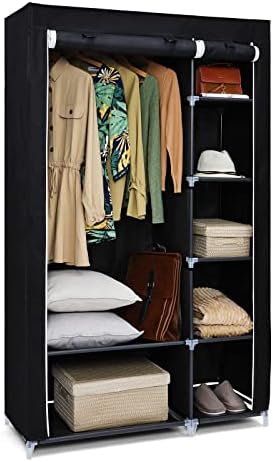 Double Canvas Wardrobe, Portable Wardrobe, Foldable Closet, Clothes Storage Organizer with Hanging Rail for Clothes, Bags, Toys, Shoes, Living Room, Bedroom 175 x 110 x 45CM Black