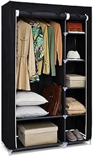 Double Canvas Wardrobe, Portable Wardrobe, Foldable Closet, Clothes Storage Organizer with Hanging Rail for Clothes, Bags, Toys, Shoes, Living Room, Bedroom 175 x 110 x 45CM Black